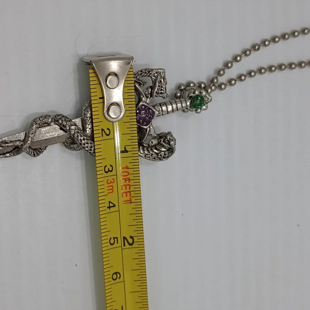 CCI Dragon Sword Pendant Necklace Gothic Fantasy Silver Tone 2 1/2 Inch